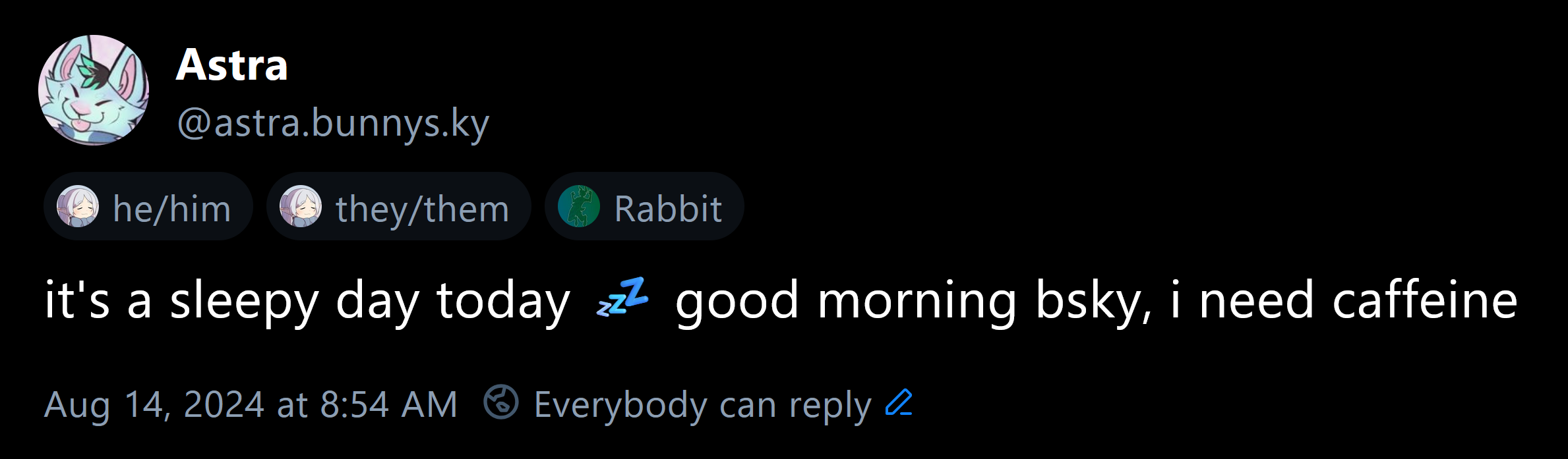 A screenshot of one of Astra's Bluesky posts showing several labels applied to their account. The first two are from another labeler for pronouns, but the third says "Rabbit", denoting that is Astra's fursona species.